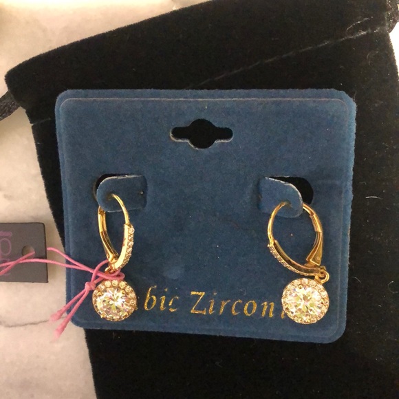 Gold Cubic Zirconia Halo French Wire Earrings-Boutique - Picture 2 of 7